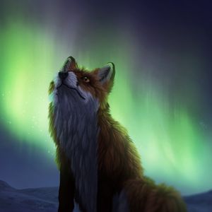 Preview wallpaper fox, northern lights, night, dark, art