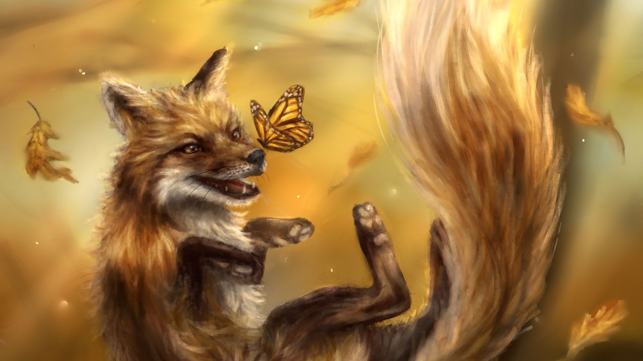 Wallpaper fox, predator, butterfly, autumn, art