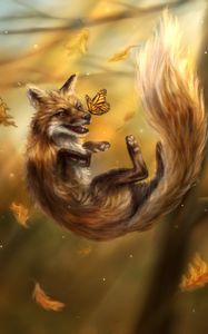 Preview wallpaper fox, predator, butterfly, autumn, art