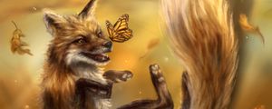 Preview wallpaper fox, predator, butterfly, autumn, art