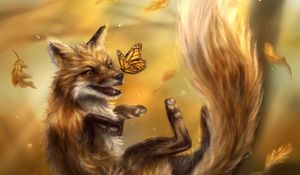 Preview wallpaper fox, predator, butterfly, autumn, art