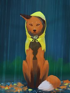 Preview wallpaper fox, rain, art, raincoat, hood