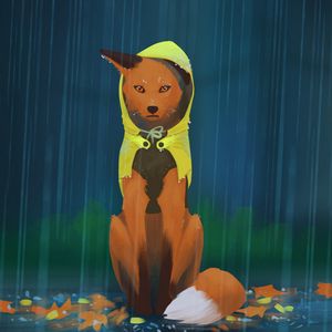 Preview wallpaper fox, rain, art, raincoat, hood