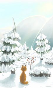 Preview wallpaper fox, snow, trees, winter, art