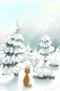 Preview wallpaper fox, snow, trees, winter, art