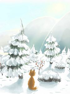 Preview wallpaper fox, snow, trees, winter, art