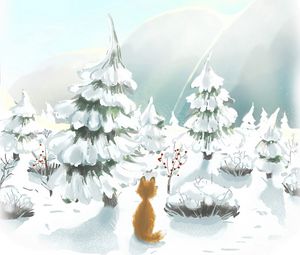 Preview wallpaper fox, snow, trees, winter, art