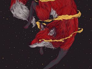 Preview wallpaper fox, space, art, smoke, stars