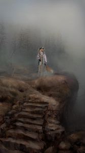 Preview wallpaper fox, stairs, trees, fog, fantasy, art