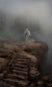 Preview wallpaper fox, stairs, trees, fog, fantasy, art