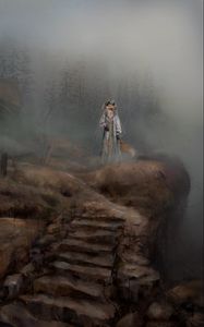 Preview wallpaper fox, stairs, trees, fog, fantasy, art