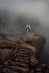 Preview wallpaper fox, stairs, trees, fog, fantasy, art