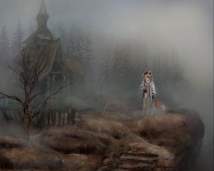 Preview wallpaper fox, stairs, trees, fog, fantasy, art