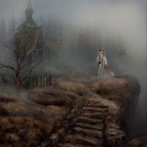 Preview wallpaper fox, stairs, trees, fog, fantasy, art