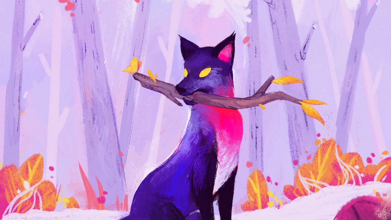 Wallpaper fox, stick, autumn, art, purple