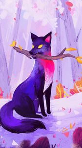 Preview wallpaper fox, stick, autumn, art, purple
