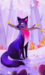 Preview wallpaper fox, stick, autumn, art, purple