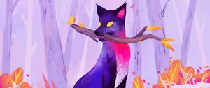 Preview wallpaper fox, stick, autumn, art, purple