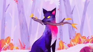Preview wallpaper fox, stick, autumn, art, purple