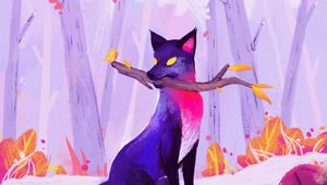 Preview wallpaper fox, stick, autumn, art, purple