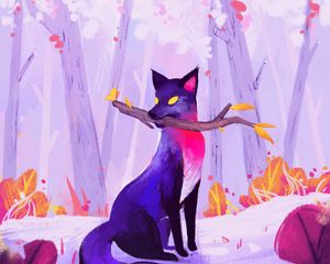 Preview wallpaper fox, stick, autumn, art, purple