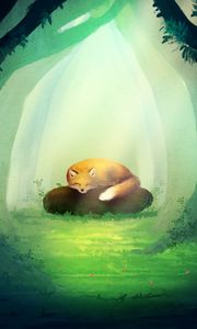 Preview wallpaper fox, stone, forest, trees, art