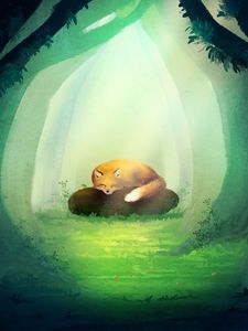 Preview wallpaper fox, stone, forest, trees, art