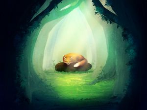Preview wallpaper fox, stone, forest, trees, art