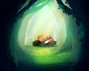 Preview wallpaper fox, stone, forest, trees, art