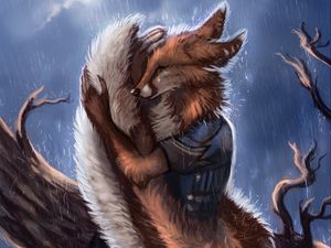 Preview wallpaper fox, tail, rain, hide, sadness