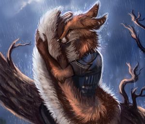 Preview wallpaper fox, tail, rain, hide, sadness