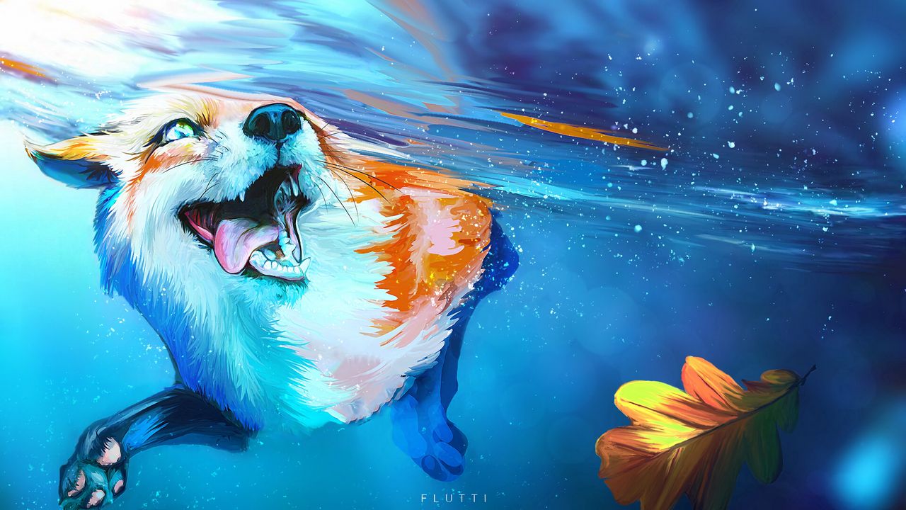 Wallpaper fox, tongue protruding, water, under water, swim, art