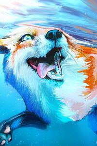 Preview wallpaper fox, tongue protruding, water, under water, swim, art
