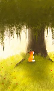 Preview wallpaper fox, tree, art, grass, flowers