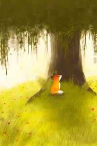 Preview wallpaper fox, tree, art, grass, flowers