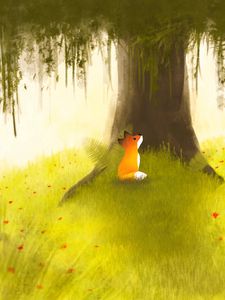 Preview wallpaper fox, tree, art, grass, flowers