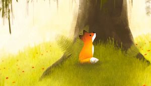 Preview wallpaper fox, tree, art, grass, flowers
