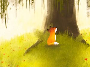 Preview wallpaper fox, tree, art, grass, flowers