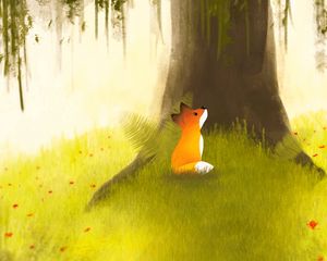 Preview wallpaper fox, tree, art, grass, flowers