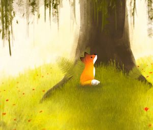 Preview wallpaper fox, tree, art, grass, flowers