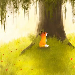 Preview wallpaper fox, tree, art, grass, flowers