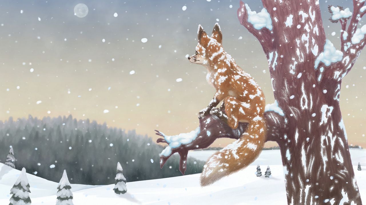 Wallpaper fox, tree, snow, winter, art