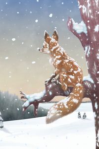 Preview wallpaper fox, tree, snow, winter, art