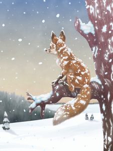 Preview wallpaper fox, tree, snow, winter, art
