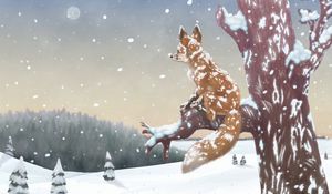 Preview wallpaper fox, tree, snow, winter, art