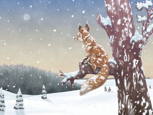 Preview wallpaper fox, tree, snow, winter, art