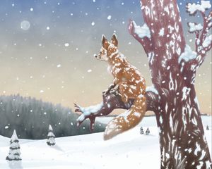 Preview wallpaper fox, tree, snow, winter, art