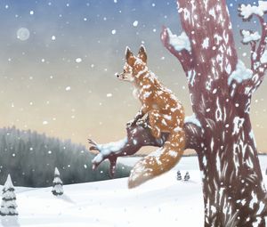 Preview wallpaper fox, tree, snow, winter, art