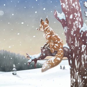 Preview wallpaper fox, tree, snow, winter, art