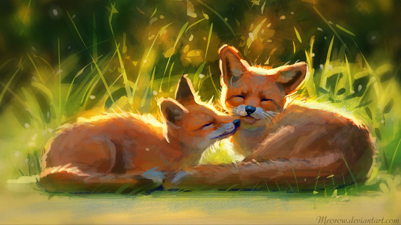 Wallpaper foxes, cute, animals, grass, art